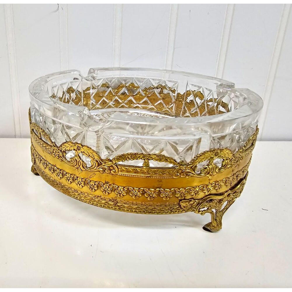 MCM Hollywood Regency Crystal Cut Ashtray with Brass Metal Footed Pedestal